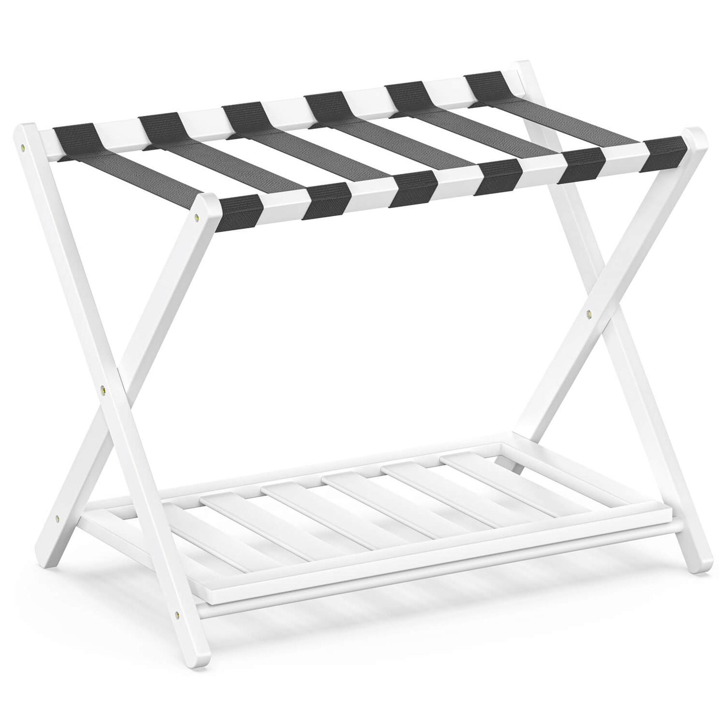 Folding Bamboo Luggage Rack with 6 Nylon Straps (White)