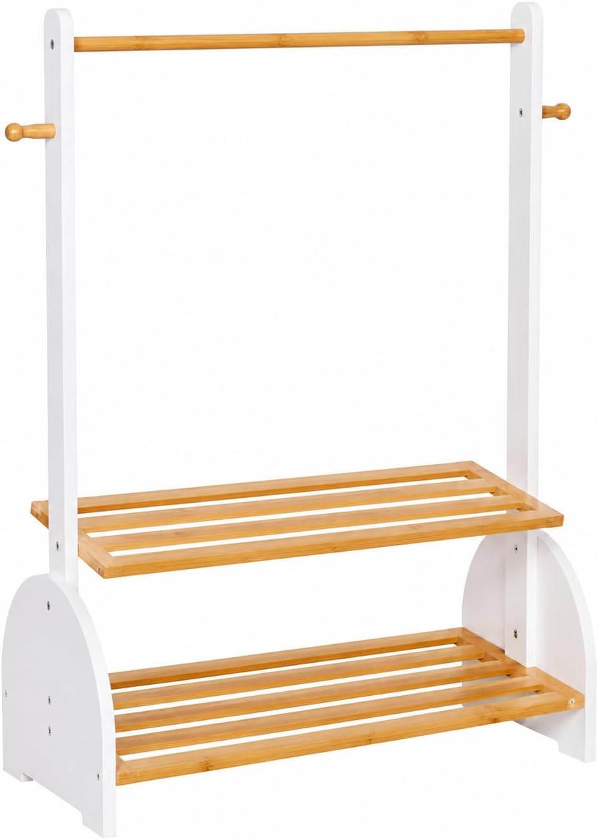 Kids Clothing Rack with Adjustable Rods, Children Clothes Garment Rack for Kids Baby Pet, Kids Dress Up Rack with 2 Bottom Shelves, Kids Wardrobe Closet for Toddlers Nursery (White)