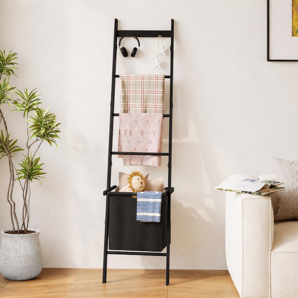 Bamboo Blanket Ladder with Basket, 5-Tier Quilt Rack Stand with 4 Hooks & Storage Hamper for Living Room Bathroom, Wall Leaning Decorative Ladder Shelf for Blankets Display (Black)
