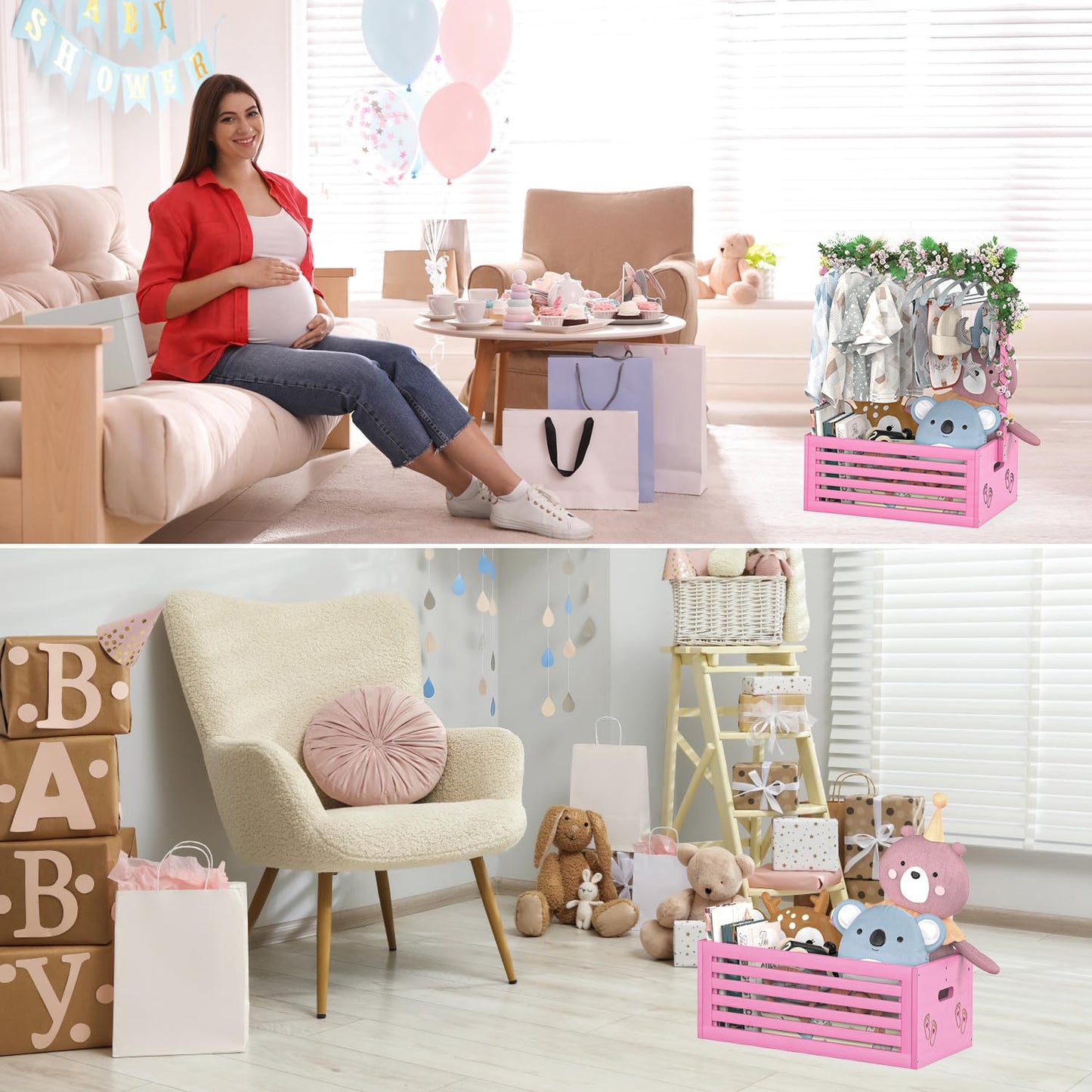 Baby Shower Crate Closet, Baby Baskets with Hangers Handle, Baby Crate Box for Baby Shower, Welcome Gift Basket for Newborn Baby, Pregnancy Gift for New Parents (Pink, Large Size)