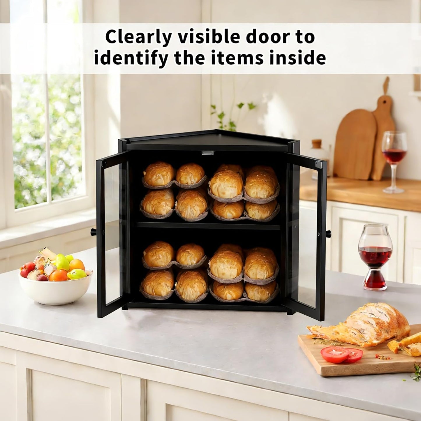 Bread Box, Double Layer Bamboo Bread Bin for Homemade Bread Bakers and Corner Kitchen Countertop with Double Doors, Not Suitable for Oversized Loaves, Black