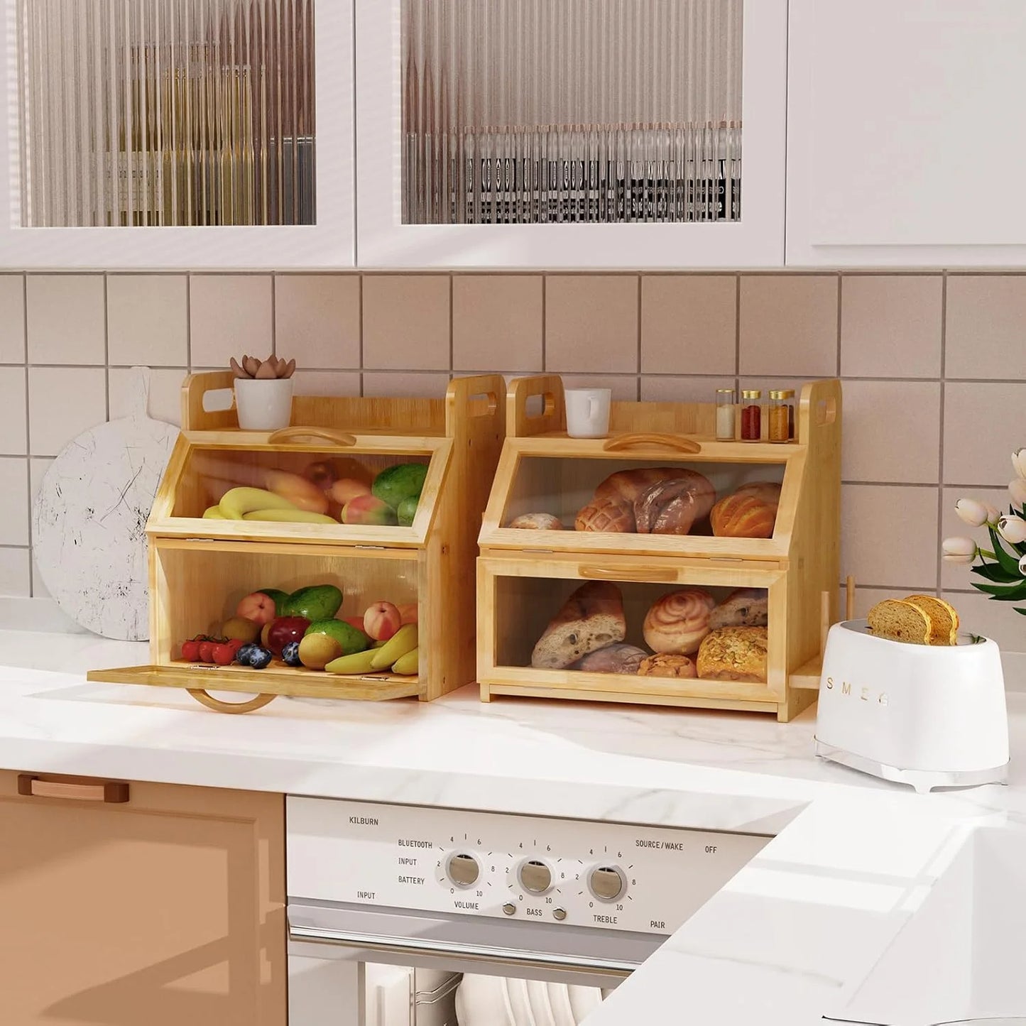 Extra Large Bread Box, Double Layer Bread Box for Homemade Bread, Bamboo Wooden Bread Storage Container with Tool Holder & Handles & Window, Assembly Required(14.9" x 11" x 15.3") Natural