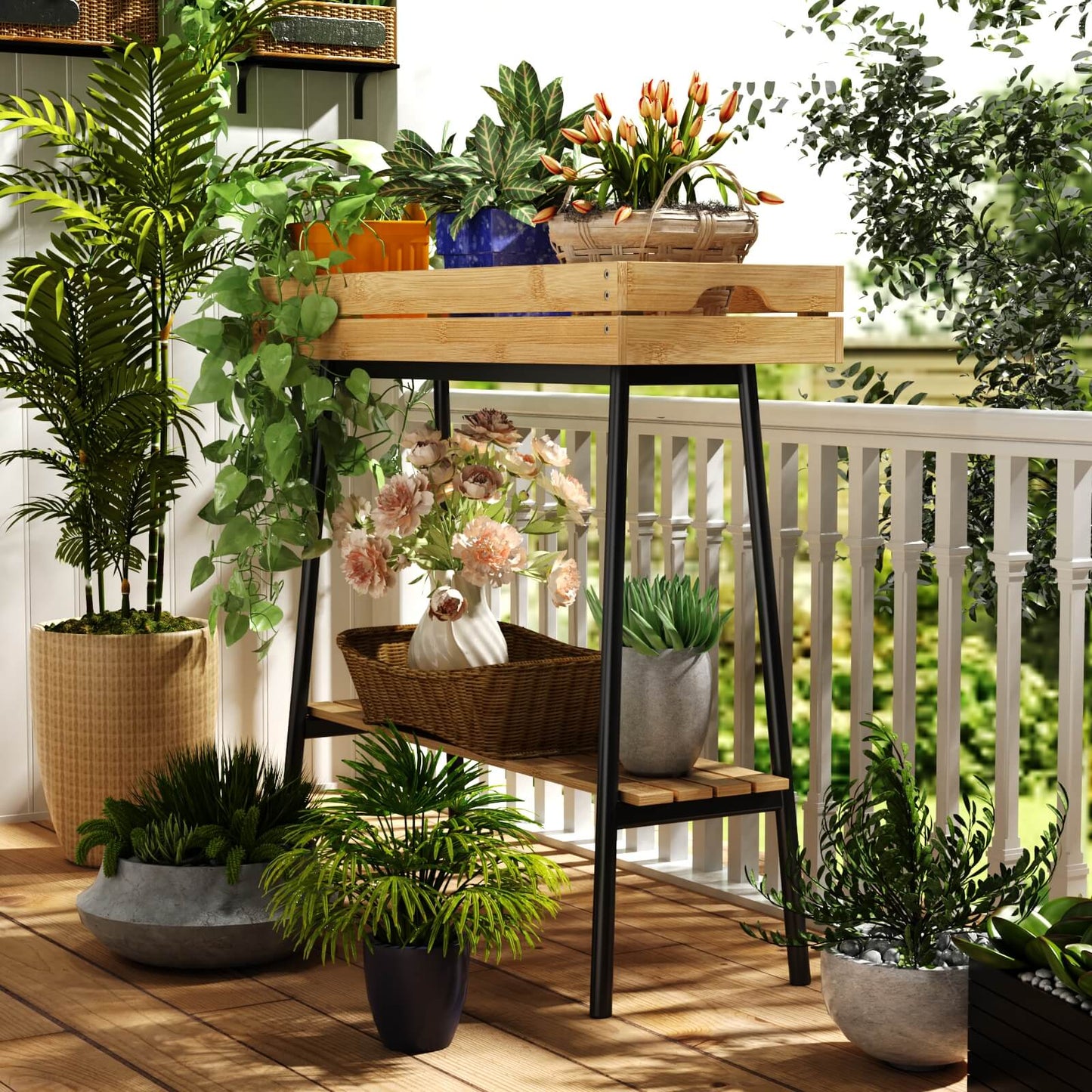 PLUSINTHEBOX 2-Tier Bamboo Plant Stand Table with Metal Legs