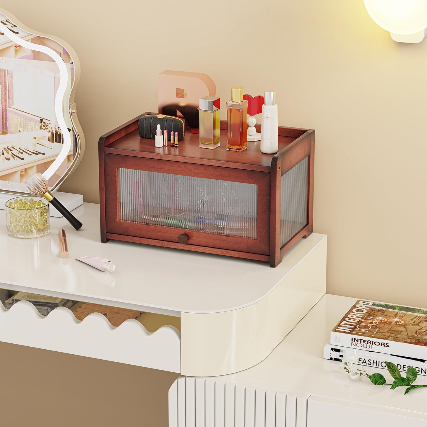 Bamboo Bread Box for Kitchen Countertop, Extra Large Farmhouse Bread Box with 4-Side Clear Panels, Wooden Bread Storage Container for Homemade Bread, Brown