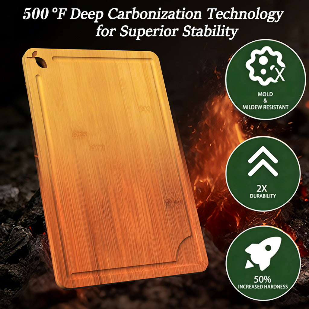 Cutting Board for Kitchen Meal Prep and Serving, Carbonized Bamboo Wood Butcher Block Chopping Board with Deep Juice Grooves and Side Handles for Meat, Bread, and Dough Kneading