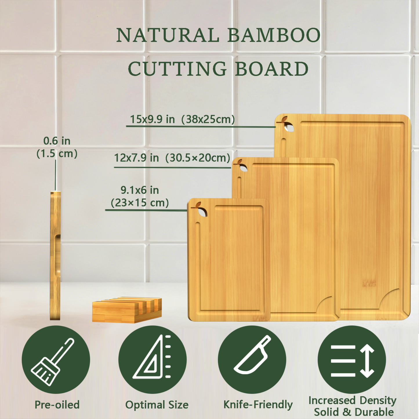 Cutting Boards for Kitchen, Bamboo Cutting Board Set of 3 with Storage Stand, Carbonized Chopping Boards with Deep Juice Grooves and Handles for Meat, Bread, Dough Kneading and Food Prep