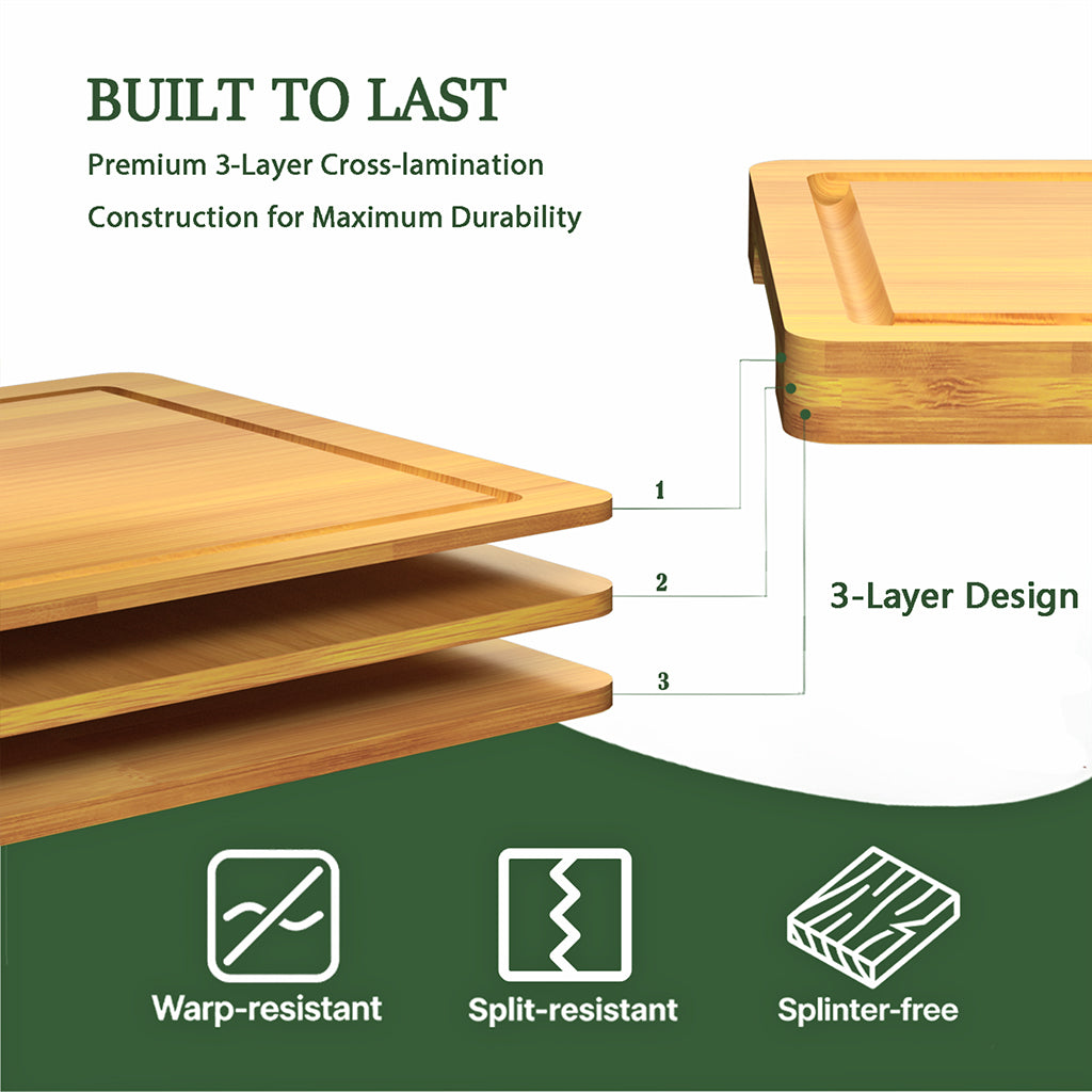Cutting Boards for Kitchen,Bamboo Cutting Board Set of 2, Large and X-Large Carbonized Chopping Boards with Deep Juice Grooves and Handles for Meat, Bread, Dough Kneading and Cheese