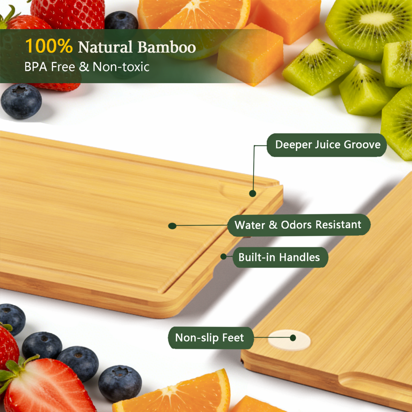 Cutting Boards for Kitchen, Bamboo Cutting Board Set of 3 with Storage Stand, Carbonized Chopping Boards with Deep Juice Grooves and Handles for Meat, Bread, Dough Kneading and Food Prep
