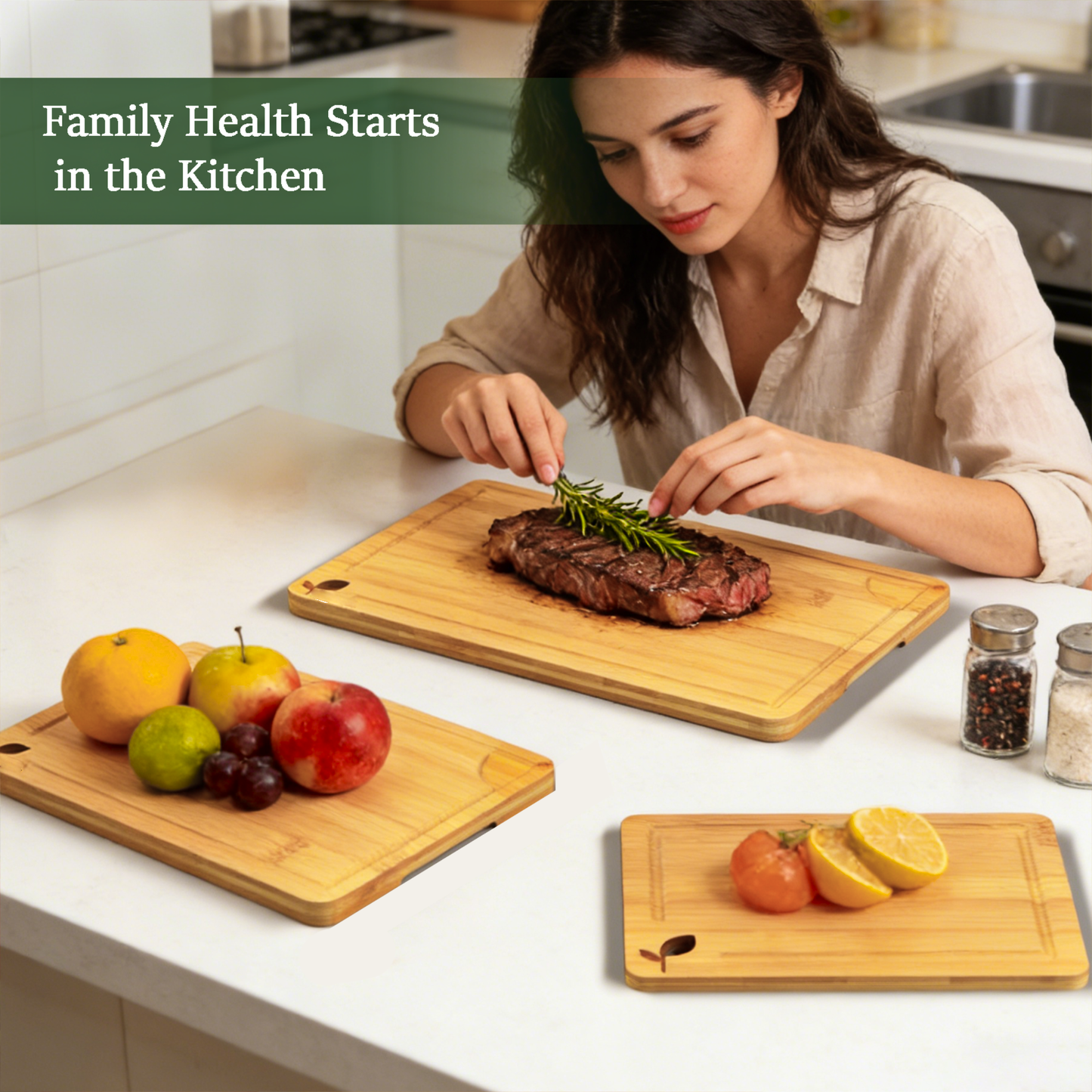 Cutting Boards for Kitchen, Bamboo Cutting Board Set of 3 with Storage Stand, Carbonized Chopping Boards with Deep Juice Grooves and Handles for Meat, Bread, Dough Kneading and Food Prep
