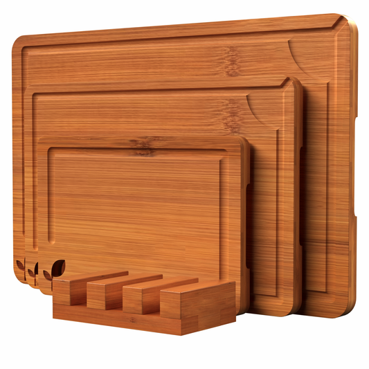 Cutting Boards for Kitchen, Bamboo Cutting Board Set of 3 with Storage Stand, Carbonized Chopping Boards with Deep Juice Grooves and Handles for Meat, Bread, Dough Kneading and Food Prep