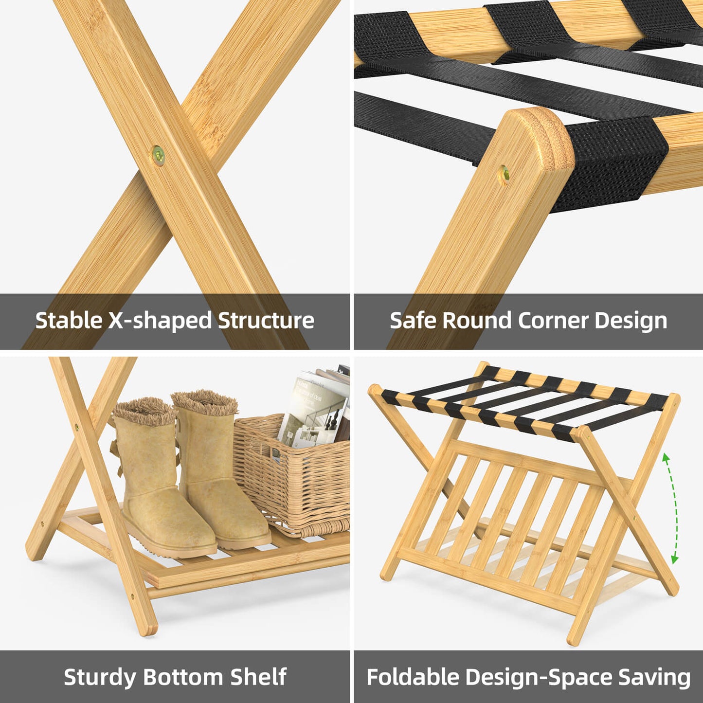 Folding Bamboo Luggage Rack with 6 Nylon Straps