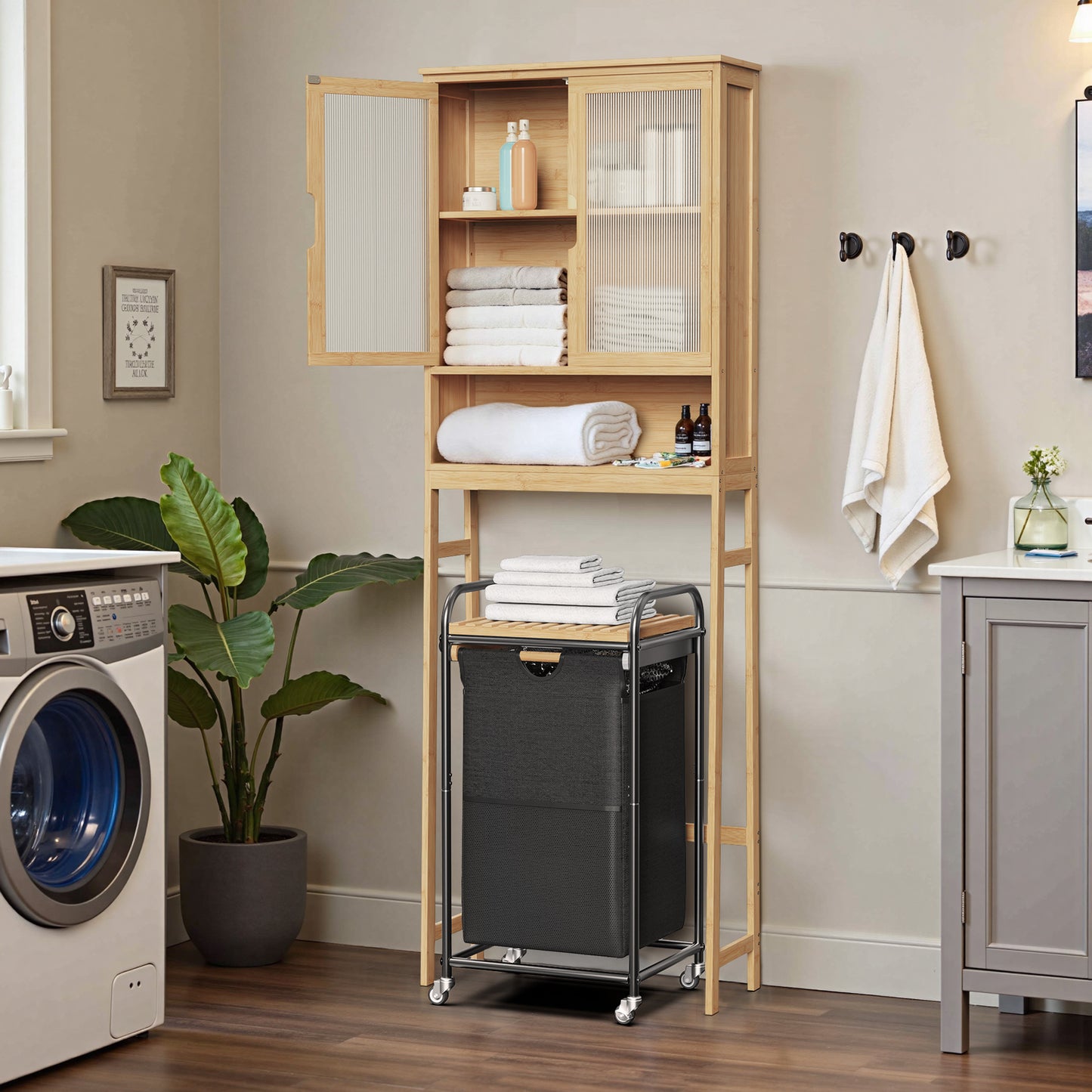 Over The Toilet Storage Cabinet, Bamboo Bathroom Over Toilet Storage Organizer with Adjustable Shelves and Double Doors, Above Toilet Storage Cabinet (Natural)