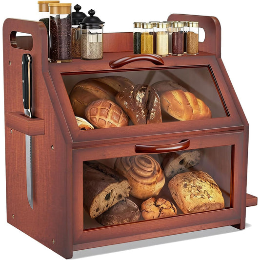 Extra Large Bread Box, Double Layer Bread Box for Homemade Bread, Bamboo Wooden Bread Storage Container with Tool Holder & Handles & Window, Assembly Required(14.9" x 11" x 15.3") Brown