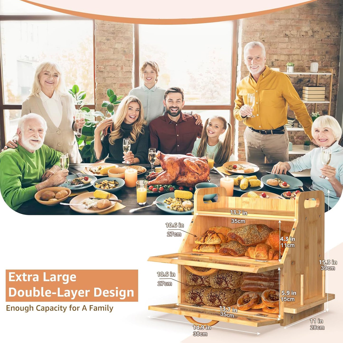 Extra Large Bread Box, Double Layer Bread Box for Homemade Bread, Bamboo Wooden Bread Storage Container with Tool Holder & Handles & Window, Assembly Required(14.9" x 11" x 15.3") Natural