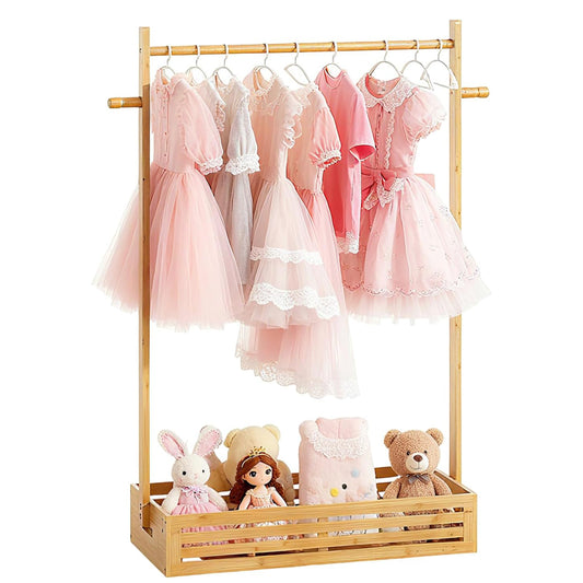 Kids Clothing Rack for Toddler, Pets Clothes Rack with Storage Box & Hanging Rod for Dogs/Cats, Baby Clothes Closet Stand for Nursery Room (White, Kids)