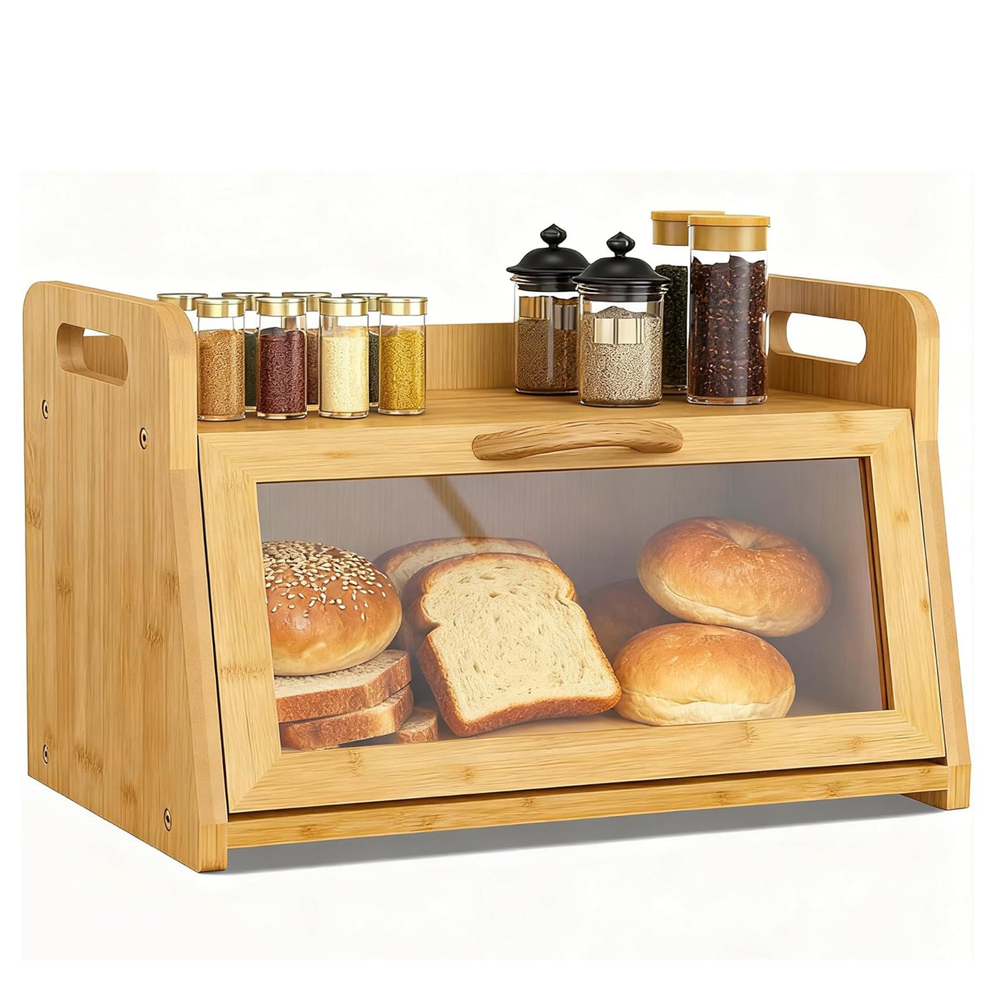 Extra Large Bread Box, Bread Box for Homemade Bread, Bamboo Wooden Bread Storage Container with Tool Holder & Handles & Window, Assembly Required(14.9" x 9.8" x 9.4") Natural