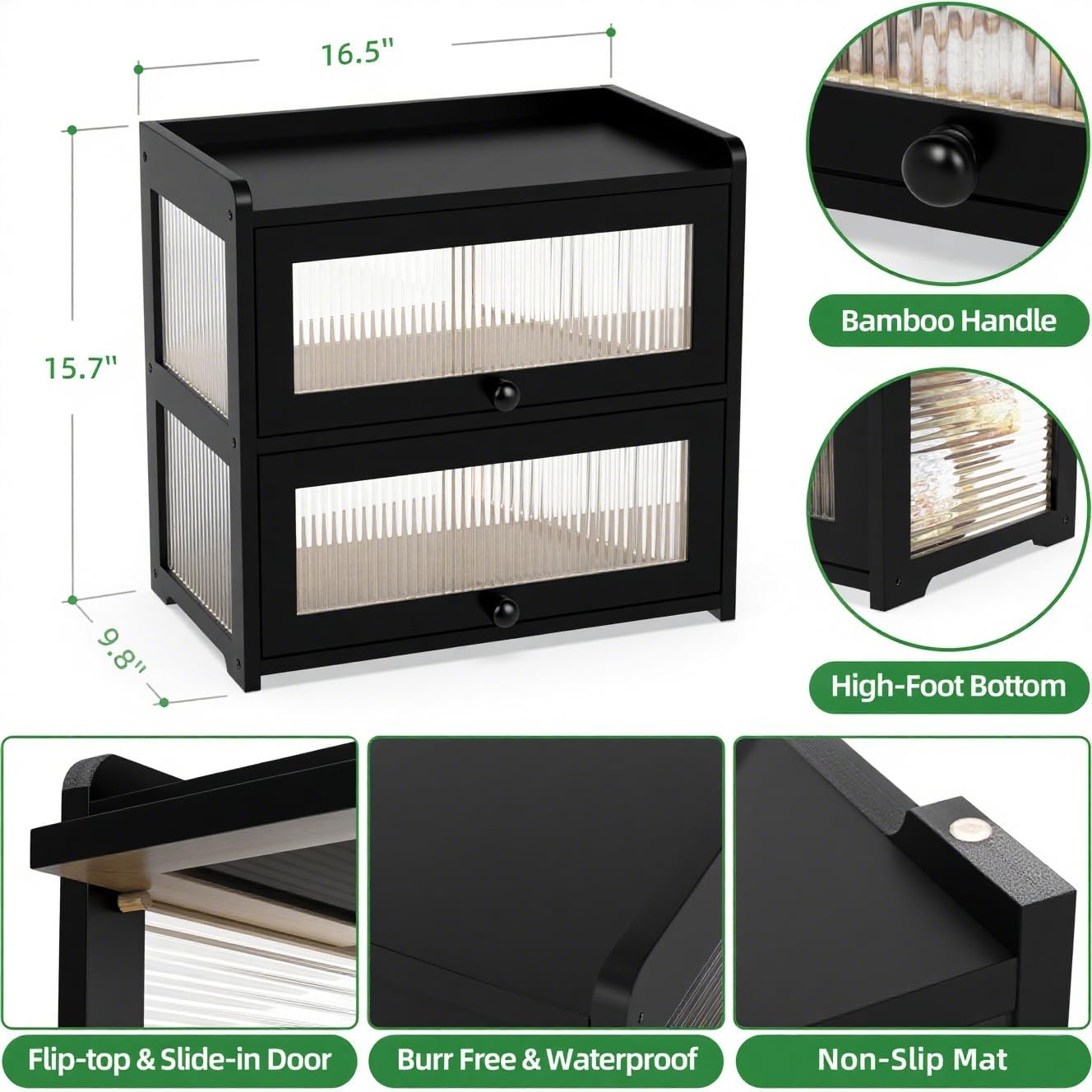 Extra Large Bamboo Bread Box for Kitchen Counter, Double Layer Bread Storage Container Farmhouse Bread Box with 4 Sides Transparency, Breadbox Bin Holder for Homemade Bread, Black