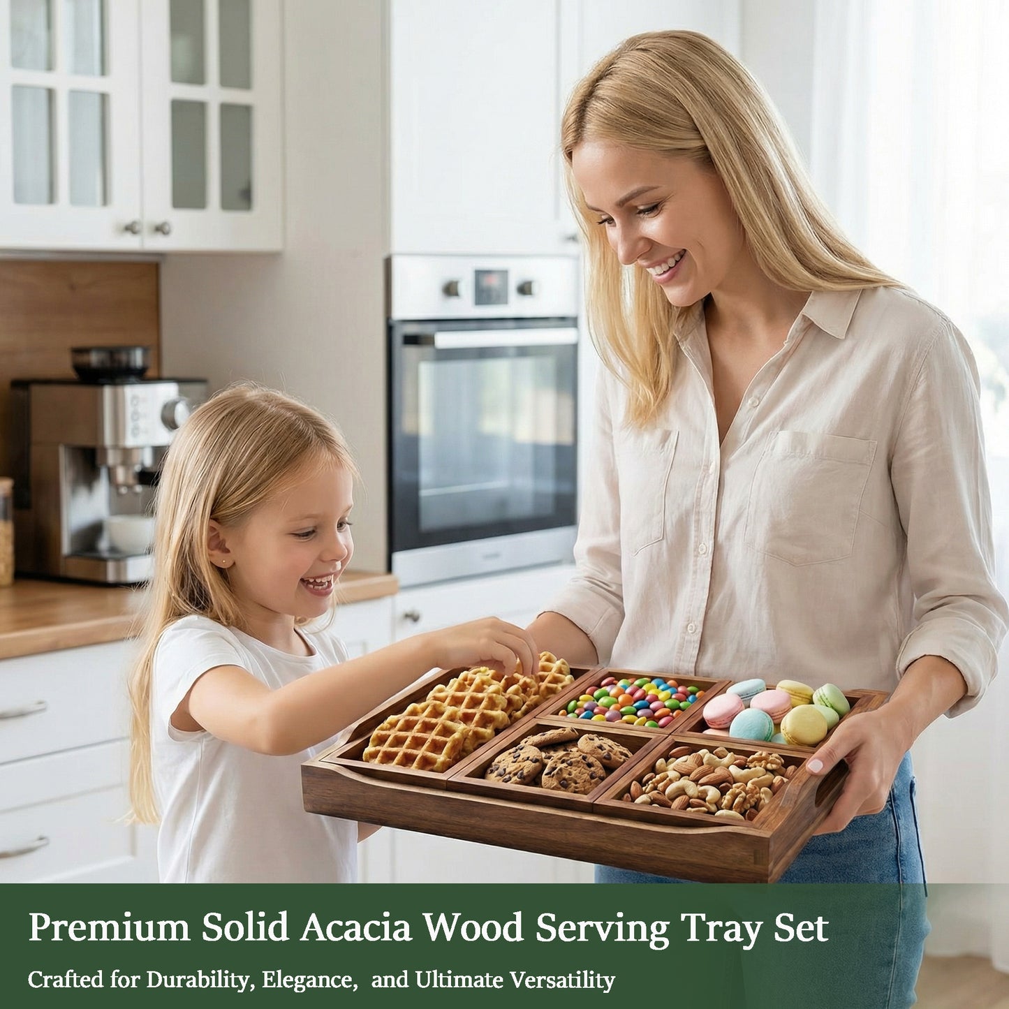 Serving Tray with 5 Removable Snack Boxes,Acacia Wood Snack Tray for Parties and Entertaining, Movie Night, Coffee Table and Charcuterie Serving