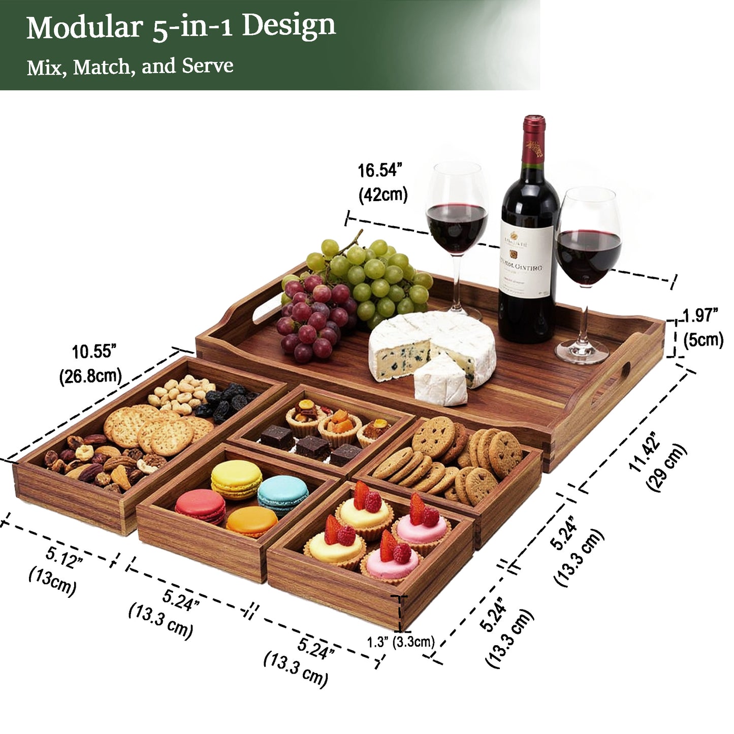 Serving Tray with 5 Removable Snack Boxes,Acacia Wood Snack Tray for Parties and Entertaining, Movie Night, Coffee Table and Charcuterie Serving