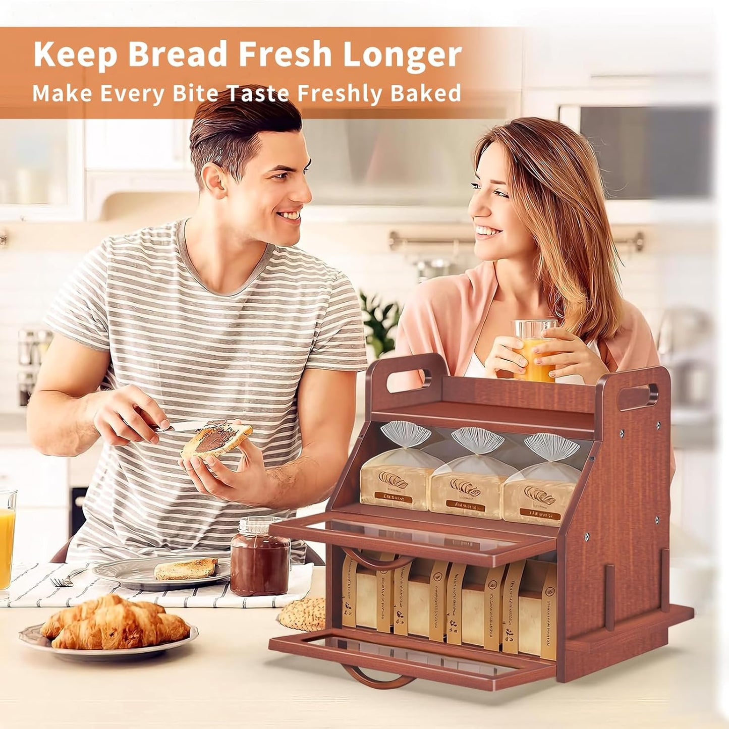 Extra Large Bread Box, Double Layer Bread Box for Homemade Bread, Bamboo Wooden Bread Storage Container with Tool Holder & Handles & Window, Assembly Required(14.9" x 11" x 15.3") Brown