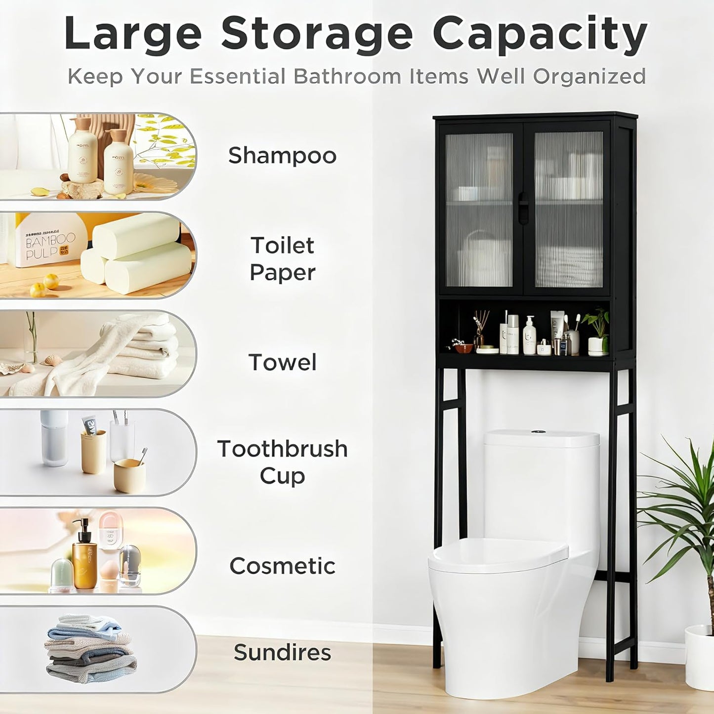 Over The Toilet Storage Cabinet, Bamboo Bathroom Over Toilet Storage Organizer with Adjustable Shelves and Double Doors, Above Toilet Storage Cabinet (Black)