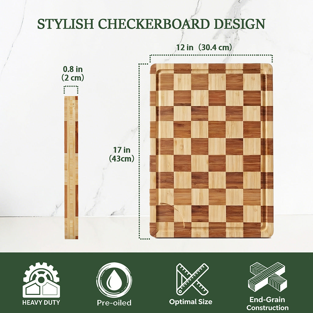 Bamboo Cutting Board 17" x 12", Heavy Duty Checkered End Grain Butcher Block for Kitchen with Deep Juice Grooves and Handles for Meat, Cheese, Charcuterie and Gifting
