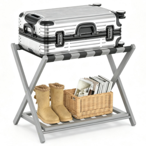 Bamboo Luggage Rack for Guest Room, Wide Suitcase Stand with Storage Shelf, Folding Luggage Stand Holder for Bedroom Hotel, 26.77" Thickened Luggage Rack for Suitcases, Grey
