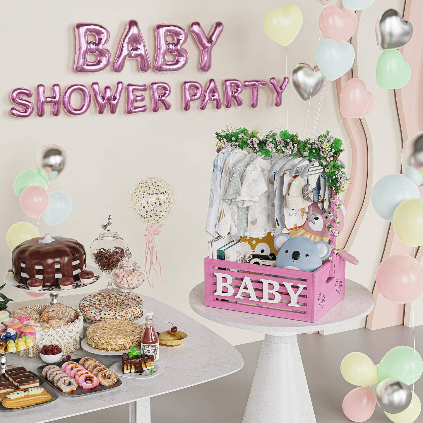 Baby Shower Crate Closet, Baby Baskets with Hangers Handle, Baby Crate Box for Baby Shower, Welcome Gift Basket for Newborn Baby, Pregnancy Gift for New Parents (Pink, Large Size)