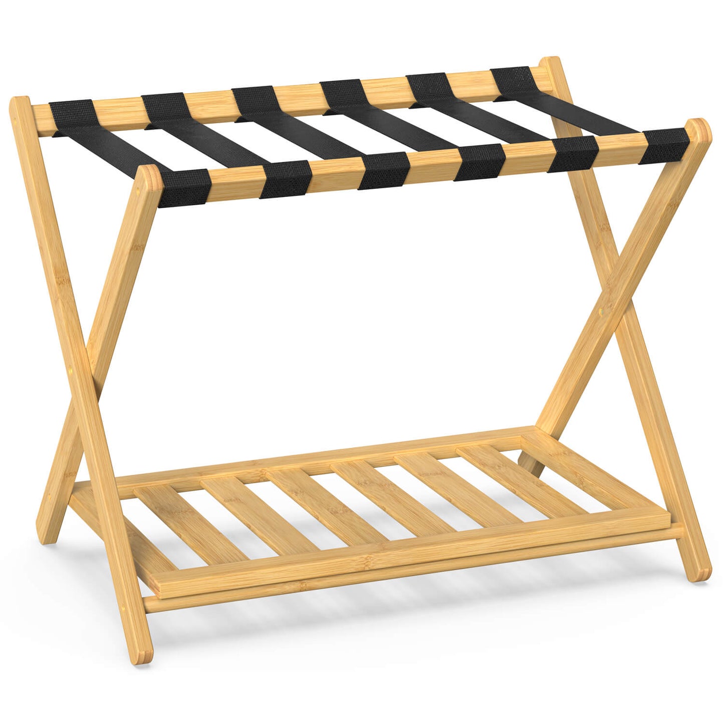 Folding Bamboo Luggage Rack with 6 Nylon Straps