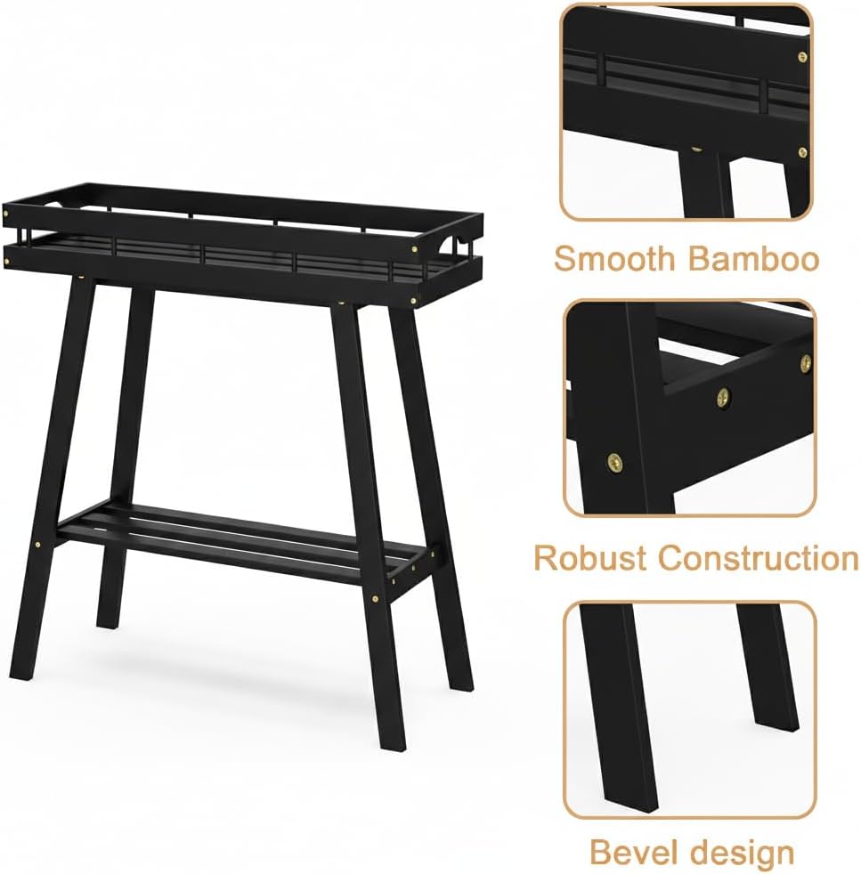Bamboo Plant Stand Indoor, 2 Tier Small Plant Table, Tall Plant Stand for Indoor Plants, Window Sill Plant Shelf, Flower Pot Holder Plant Bench Plant Rack for Living Room, Black
