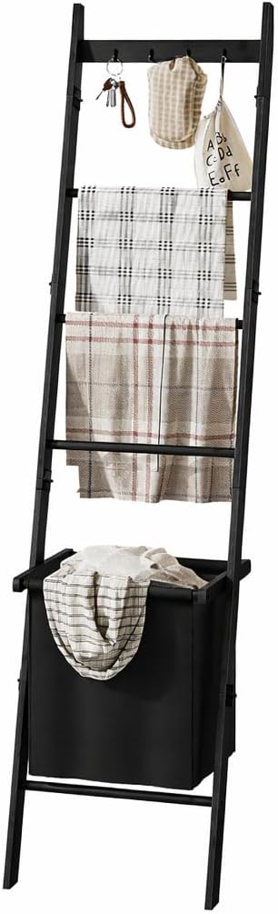 Bamboo Blanket Ladder with Basket, 5-Tier Quilt Rack Stand with 4 Hooks & Storage Hamper for Living Room Bathroom, Wall Leaning Decorative Ladder Shelf for Blankets Display (Black)
