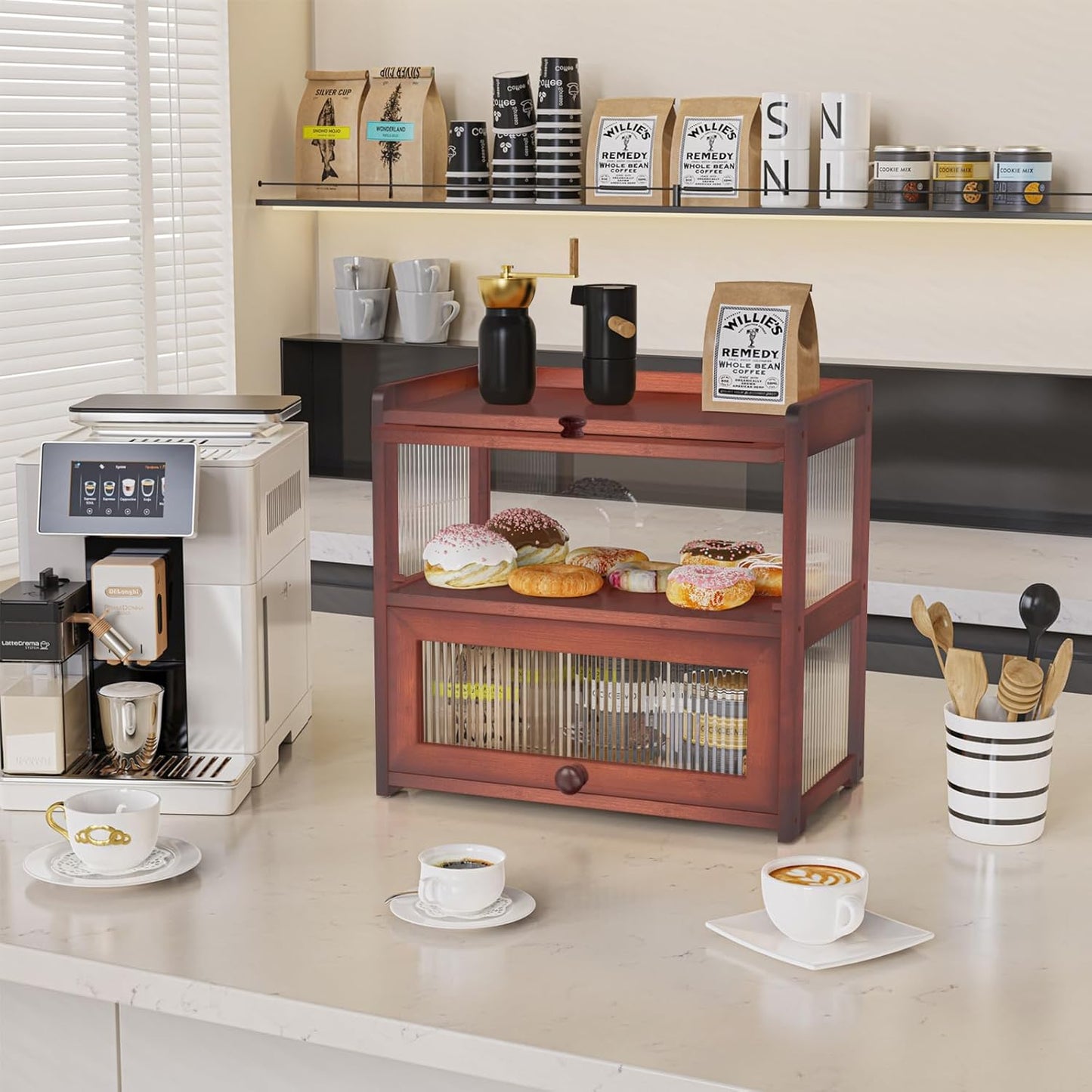 Extra Large Bamboo Bread Box for Kitchen Counter, Double Layer Bread Storage Container Farmhouse Bread Box with 4 Sides Transparency, Breadbox Bin Holder for Homemade Bread, Brown