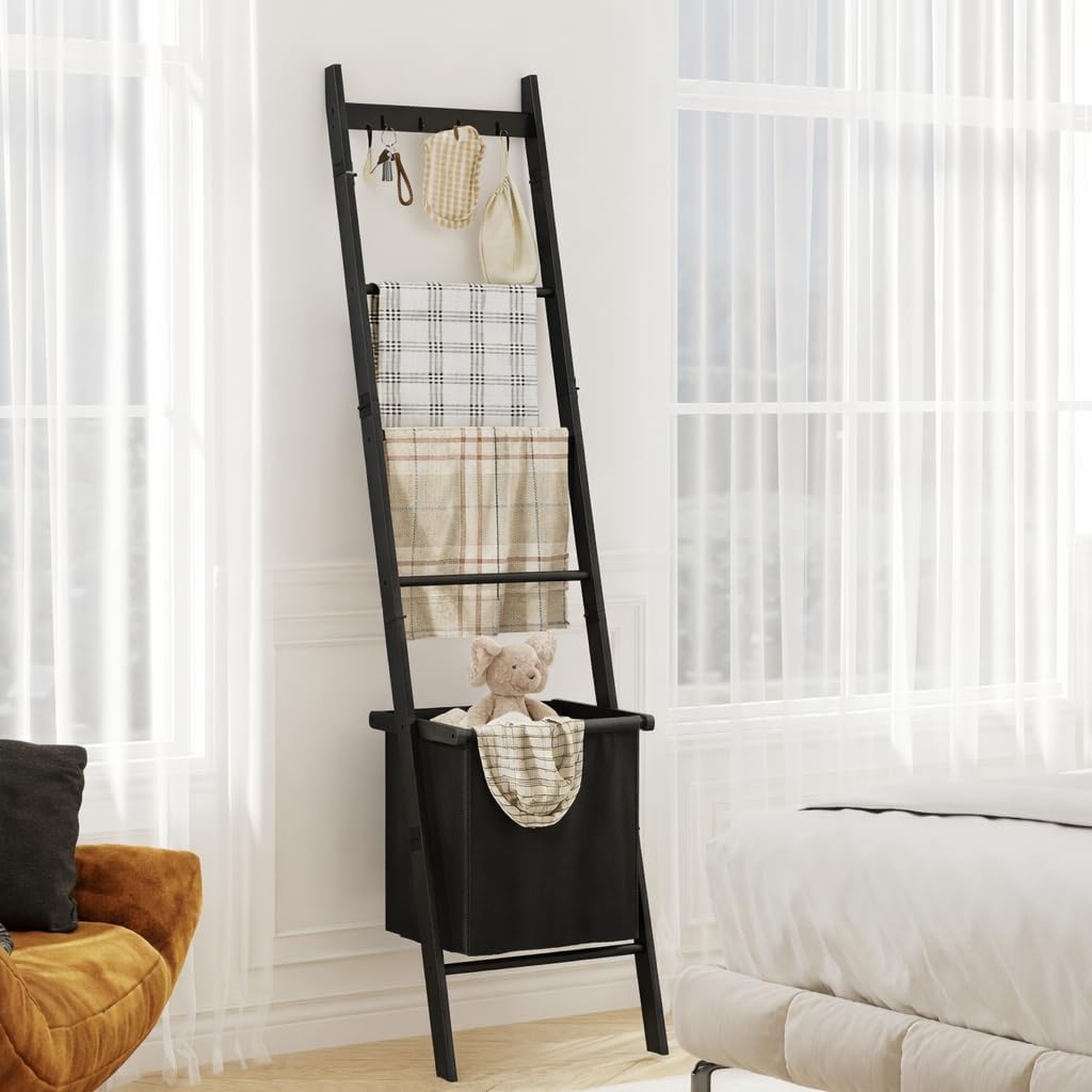 Bamboo Blanket Ladder with Basket, 5-Tier Quilt Rack Stand with 4 Hooks & Storage Hamper for Living Room Bathroom, Wall Leaning Decorative Ladder Shelf for Blankets Display (Black)
