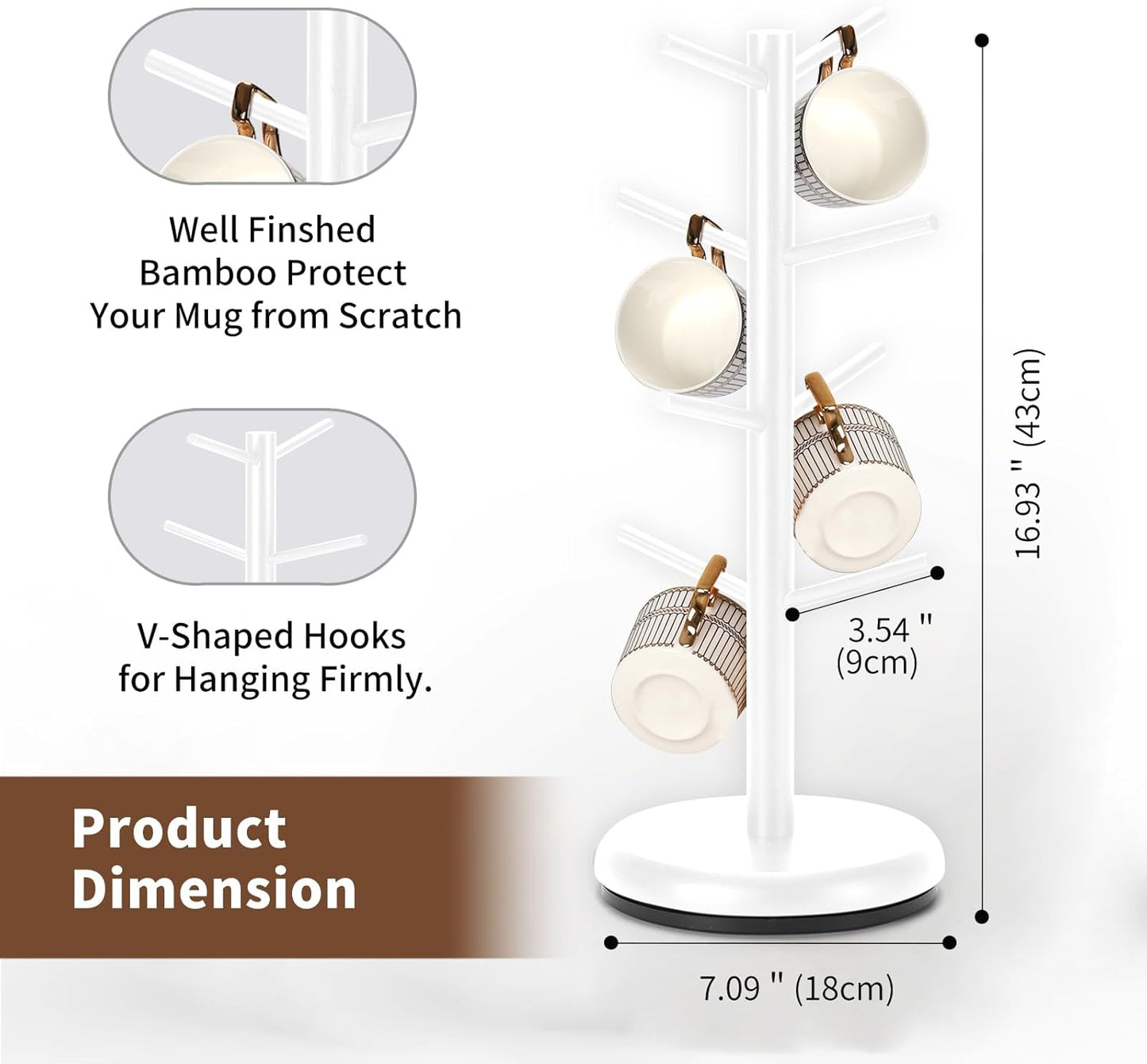 Mug Holder, 360° Rotating Mug Tree Holds 8 Coffee Cups, Space Saving Mug Stand with Stable Base for Kitchen Coffee Bar