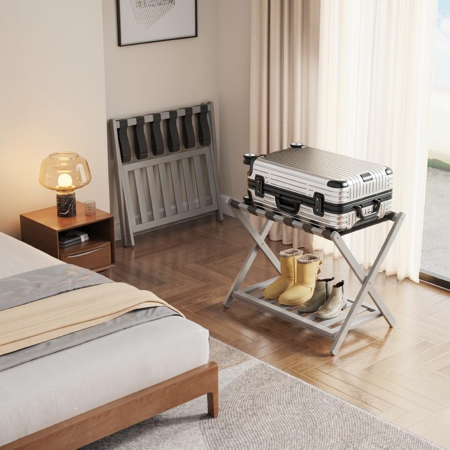 Bamboo Luggage Rack for Guest Room, Wide Suitcase Stand with Storage Shelf, Folding Luggage Stand Holder for Bedroom Hotel, 26.77" Thickened Luggage Rack for Suitcases, Grey