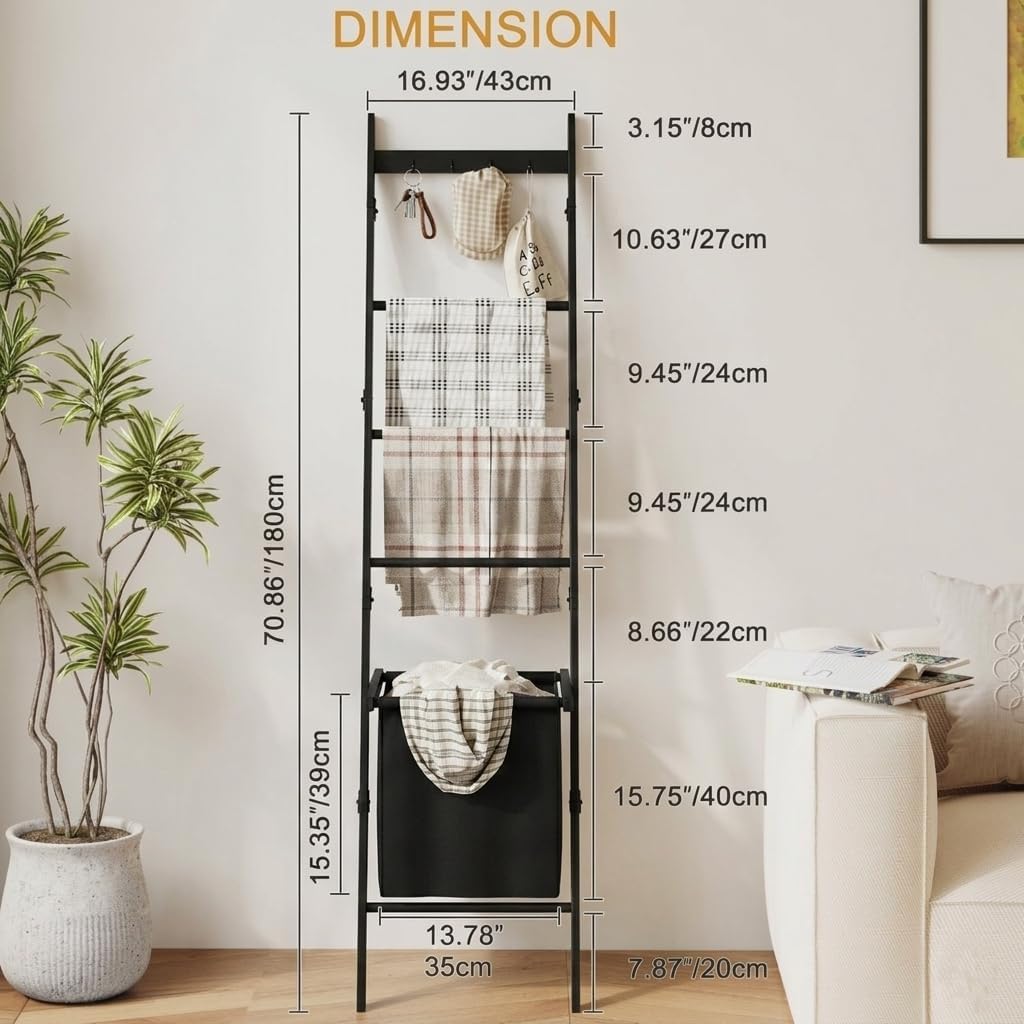 Bamboo Blanket Ladder with Basket, 5-Tier Quilt Rack Stand with 4 Hooks & Storage Hamper for Living Room Bathroom, Wall Leaning Decorative Ladder Shelf for Blankets Display (Black)