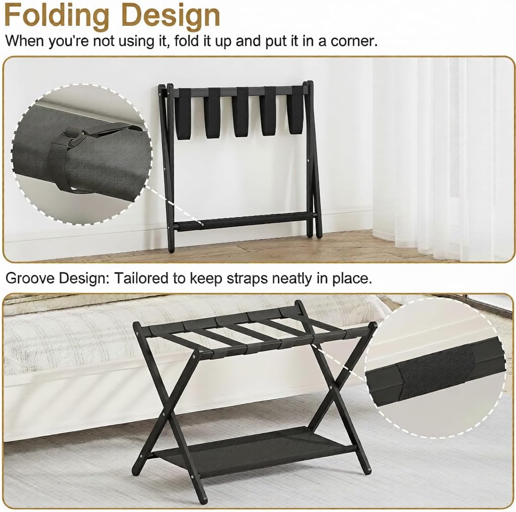 2 Pack Bamboo Luggage Rack for Guest Room, 26.77" Folding Wide Suitcase Stand with Fabric Storage Shelf, Thickened Luggage Stand Holder for Bedroom Hotel, Luggage Rack for Suitcases (2 Pack - Black)