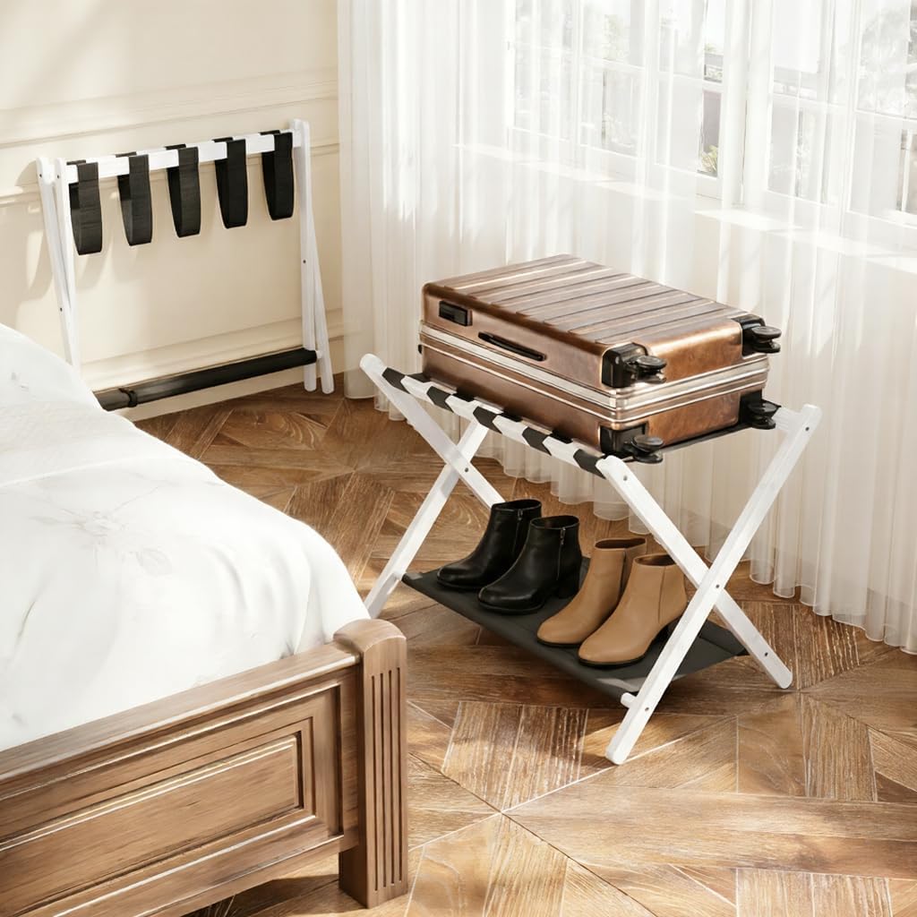 2 Pack Bamboo Luggage Rack for Guest Room, 26.77" Folding Wide Suitcase Stand with Fabric Storage Shelf, Thickened Luggage Stand Holder for Bedroom Hotel, Luggage Rack for Suitcases (2 Pack - White)