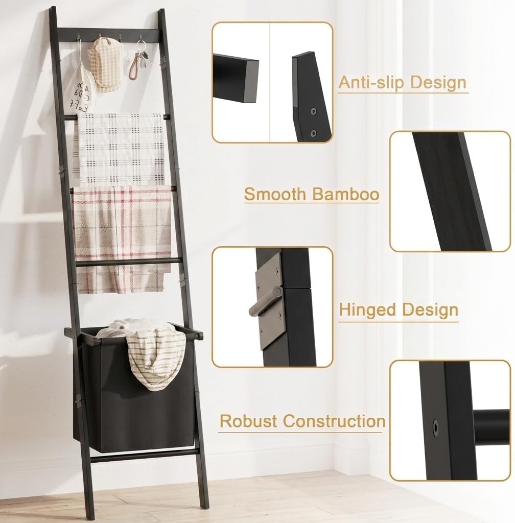 Bamboo Blanket Ladder with Basket, 5-Tier Quilt Rack Stand with 4 Hooks & Storage Hamper for Living Room Bathroom, Wall Leaning Decorative Ladder Shelf for Blankets Display (Black)