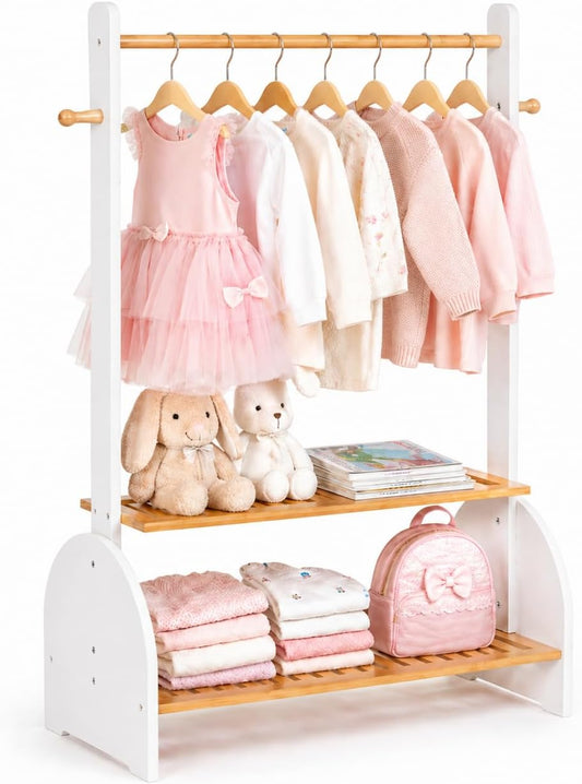 Kids Clothing Rack with Adjustable Rods, Children Clothes Garment Rack for Kids Baby Pet, Kids Dress Up Rack with 2 Bottom Shelves, Kids Wardrobe Closet for Toddlers Nursery (White)