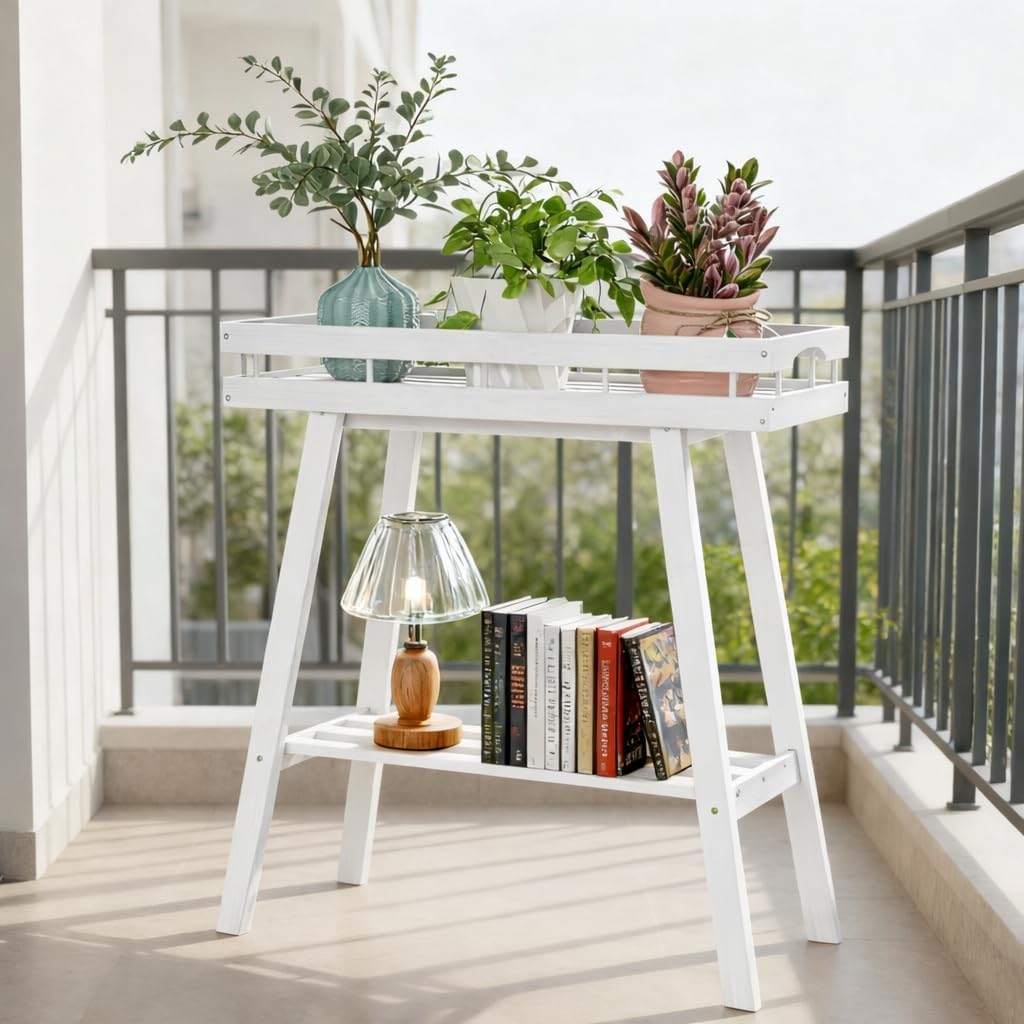Bamboo Plant Stand Indoor, 2 Tier Small Plant Table, Tall Plant Stand for Indoor Plants, Window Sill Plant Shelf, Flower Pot Holder Plant Bench Plant Rack for Living Room, White