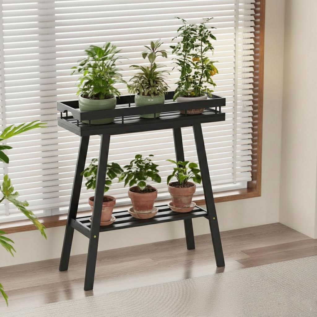 Bamboo Plant Stand Indoor, 2 Tier Small Plant Table, Tall Plant Stand for Indoor Plants, Window Sill Plant Shelf, Flower Pot Holder Plant Bench Plant Rack for Living Room, Black