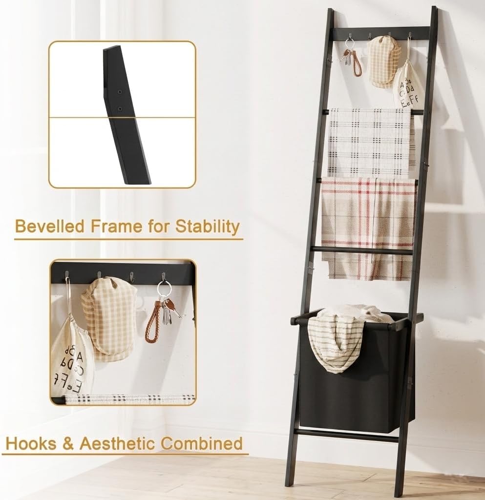 Bamboo Blanket Ladder with Basket, 5-Tier Quilt Rack Stand with 4 Hooks & Storage Hamper for Living Room Bathroom, Wall Leaning Decorative Ladder Shelf for Blankets Display (Black)