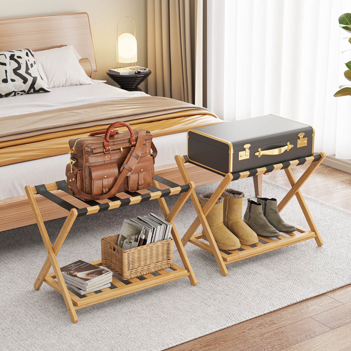 Folding Bamboo Luggage Rack with 6 Nylon Straps
