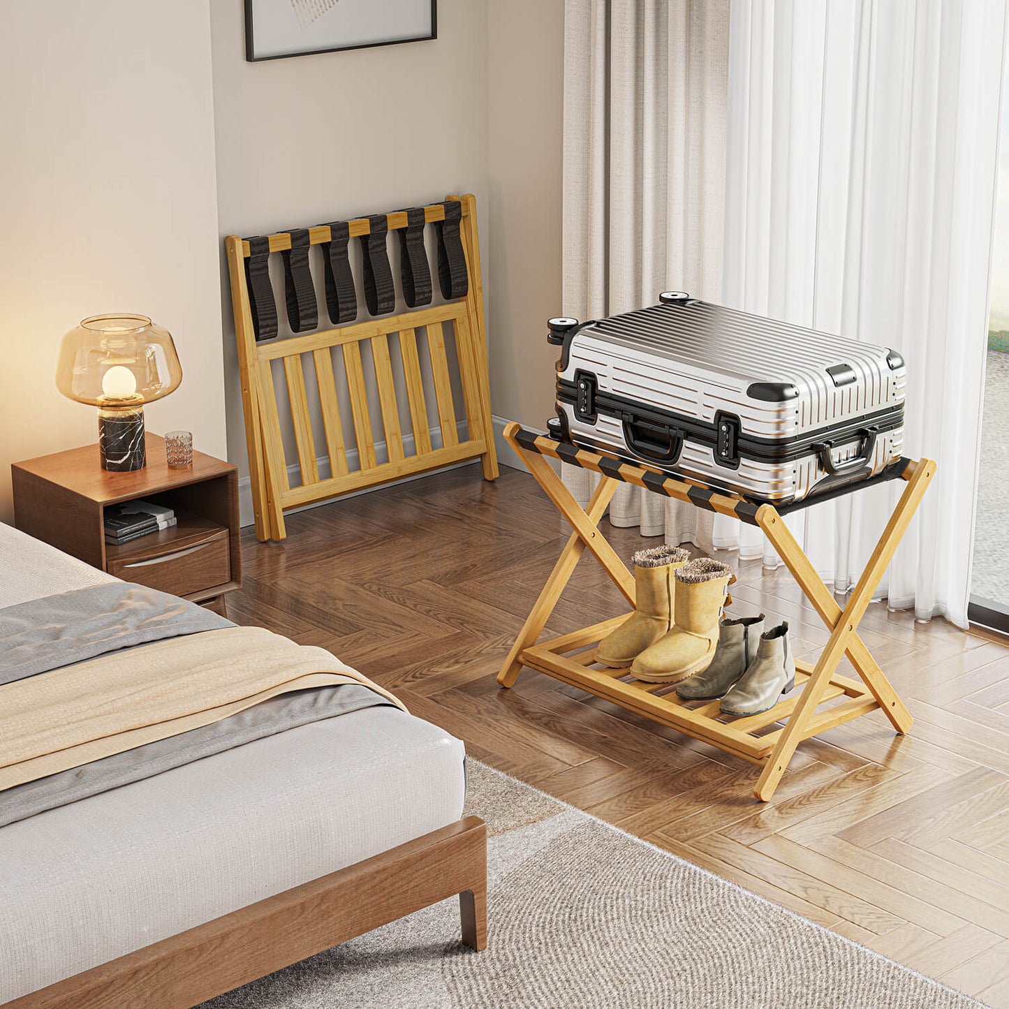 Folding Bamboo Luggage Rack with 6 Nylon Straps