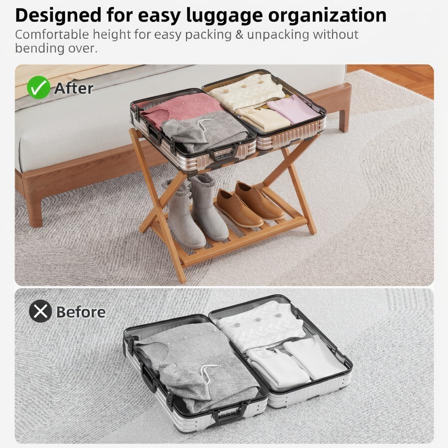 Bamboo Luggage Rack for Guest Room, Wide Suitcase Stand with Storage Shelf, Folding Luggage Stand Holder for Bedroom Hotel, 26.77" Thickened Luggage Rack for Suitcases, Tea brown