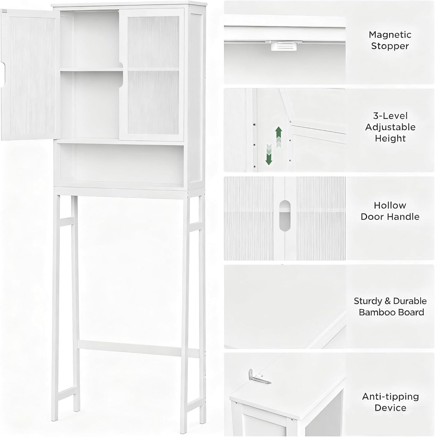 Over The Toilet Storage Cabinet, Bamboo Bathroom Over Toilet Storage Organizer with Adjustable Shelves and Double Doors, Above Toilet Storage Cabinet (White)