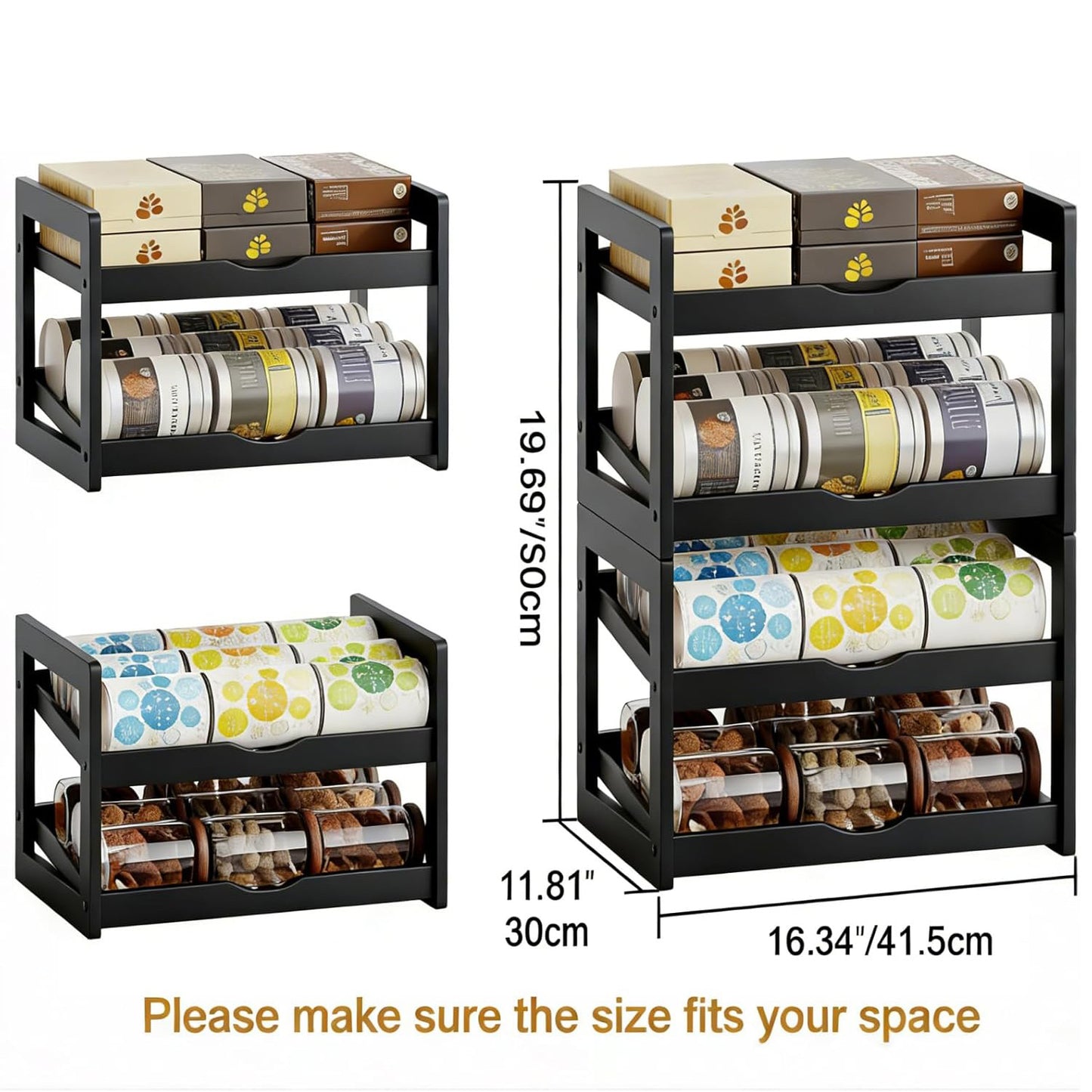 Can Organizer for Pantry, Detachable Bamboo 4 Tier Stackable Can Storage Rack, Rolling Soda Can Dispenser Can Holders for Cabinet, Holds Up to 48 Cans, Black