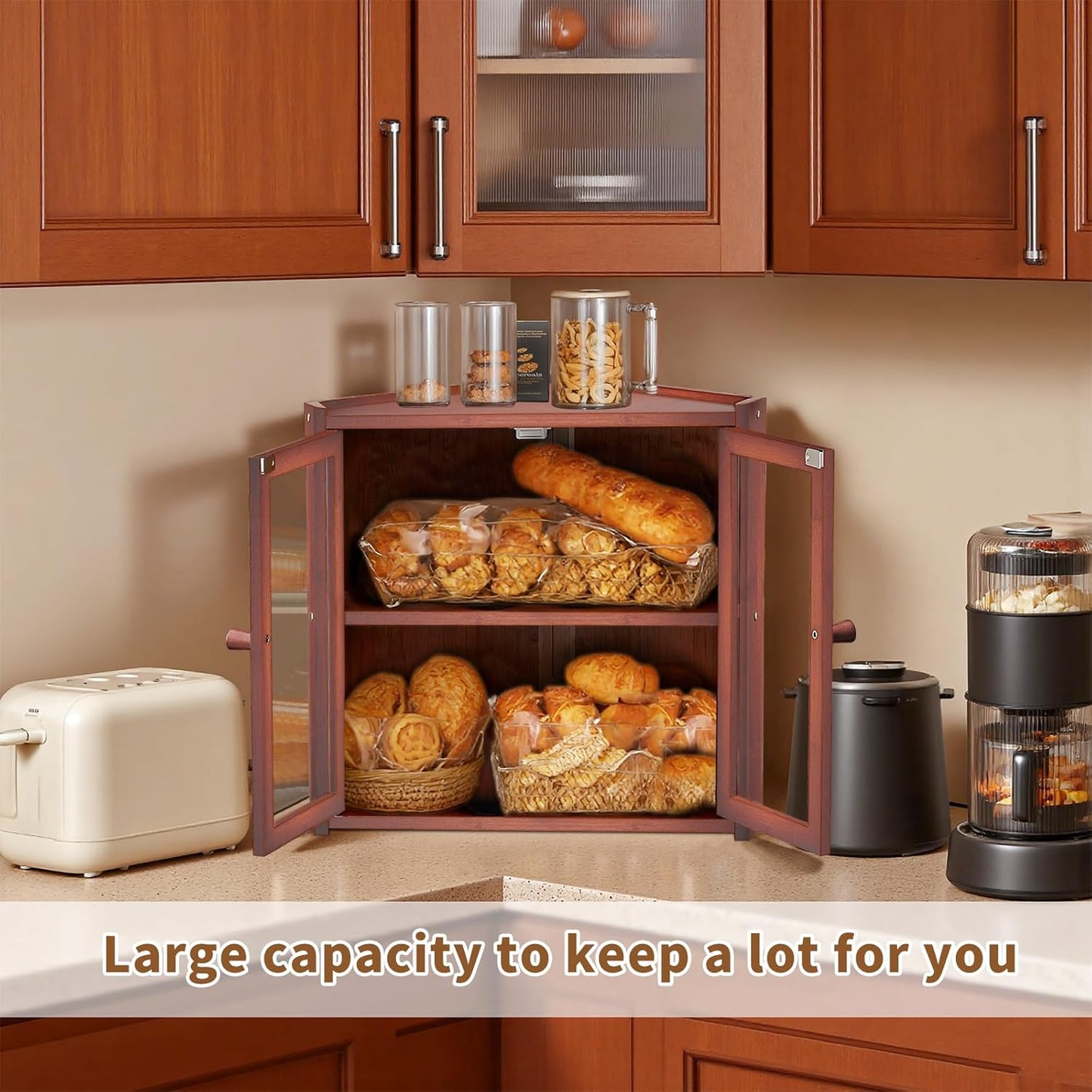 Bread Box, Double Layer Bamboo Bread Bin for Homemade Bread Bakers and Corner Kitchen Countertop with Double Doors, Not Suitable for Oversized Loaves, Brown