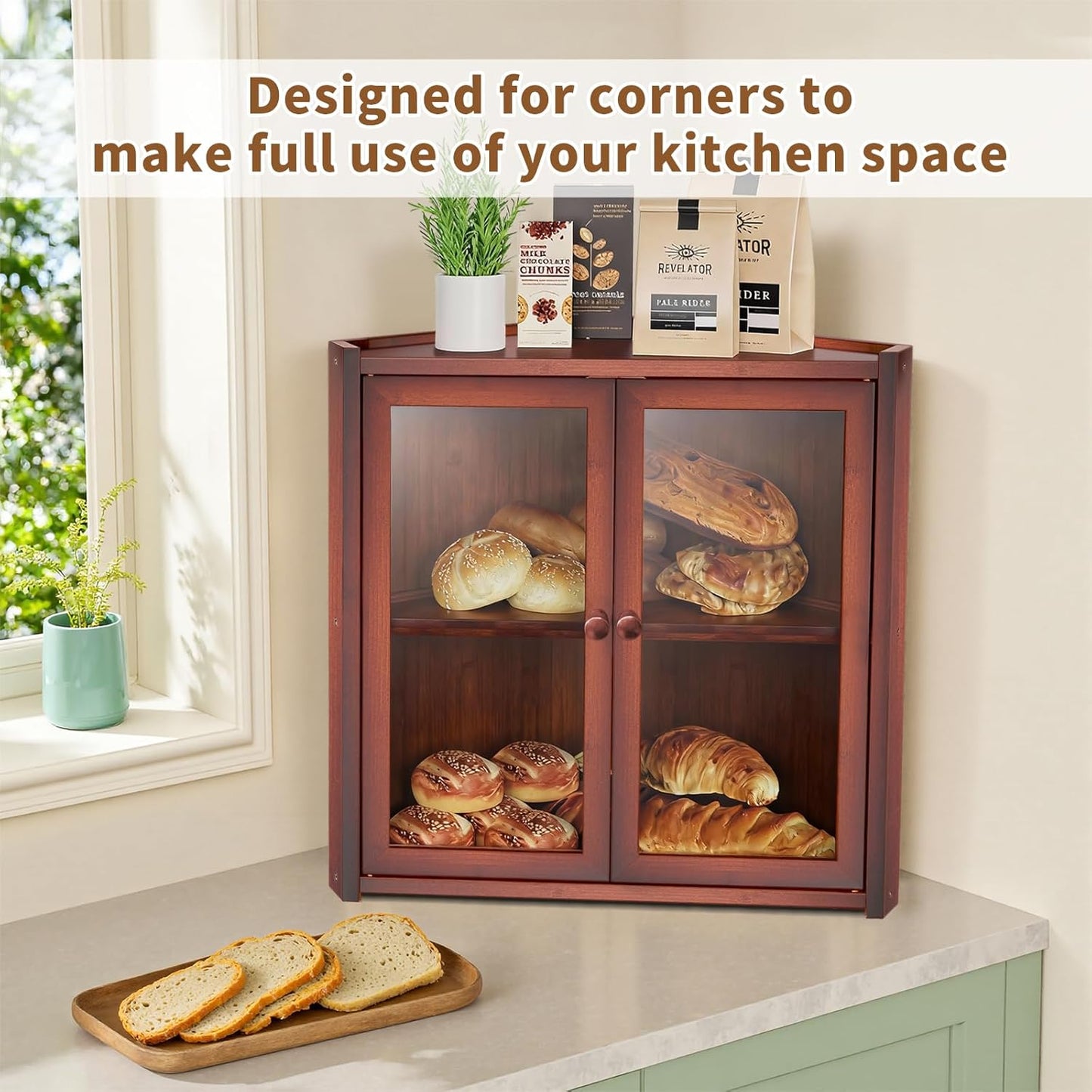 Bread Box, Double Layer Bamboo Bread Bin for Homemade Bread Bakers and Corner Kitchen Countertop with Double Doors, Not Suitable for Oversized Loaves, Brown